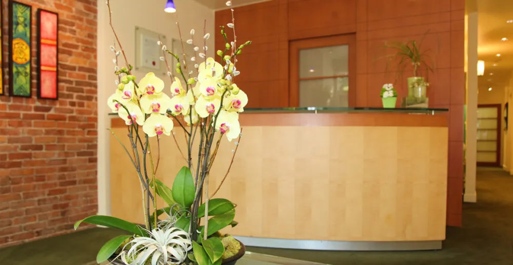 Reception desk and brick wall at Tremont Dental Care